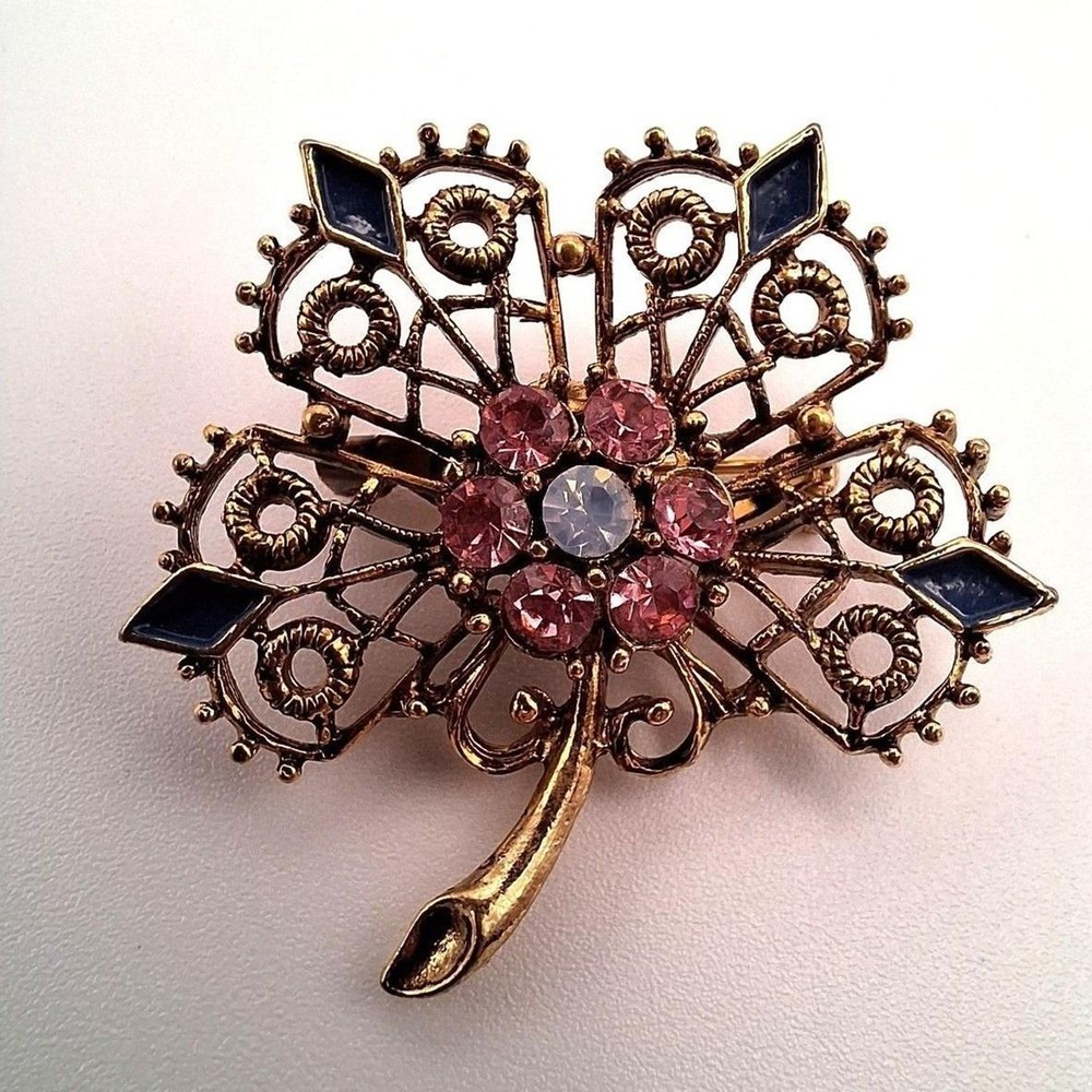 Vintage flower brooch filigree clover blue enamel gold tone mid century